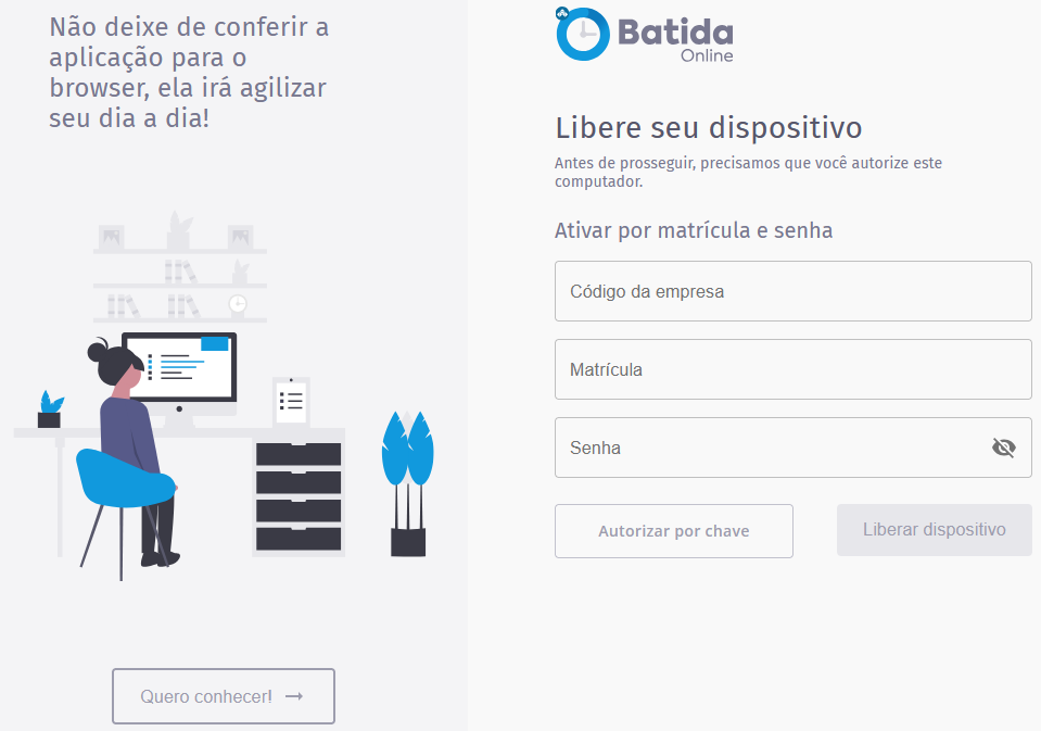Tela real da Batida online para liberar dispositivo por matrícula e senha