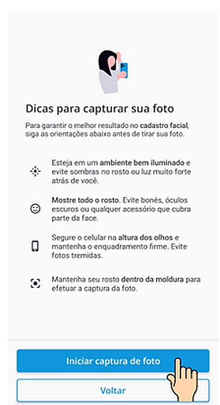 Tela com dicas para captura da foto no Ahgora Multi